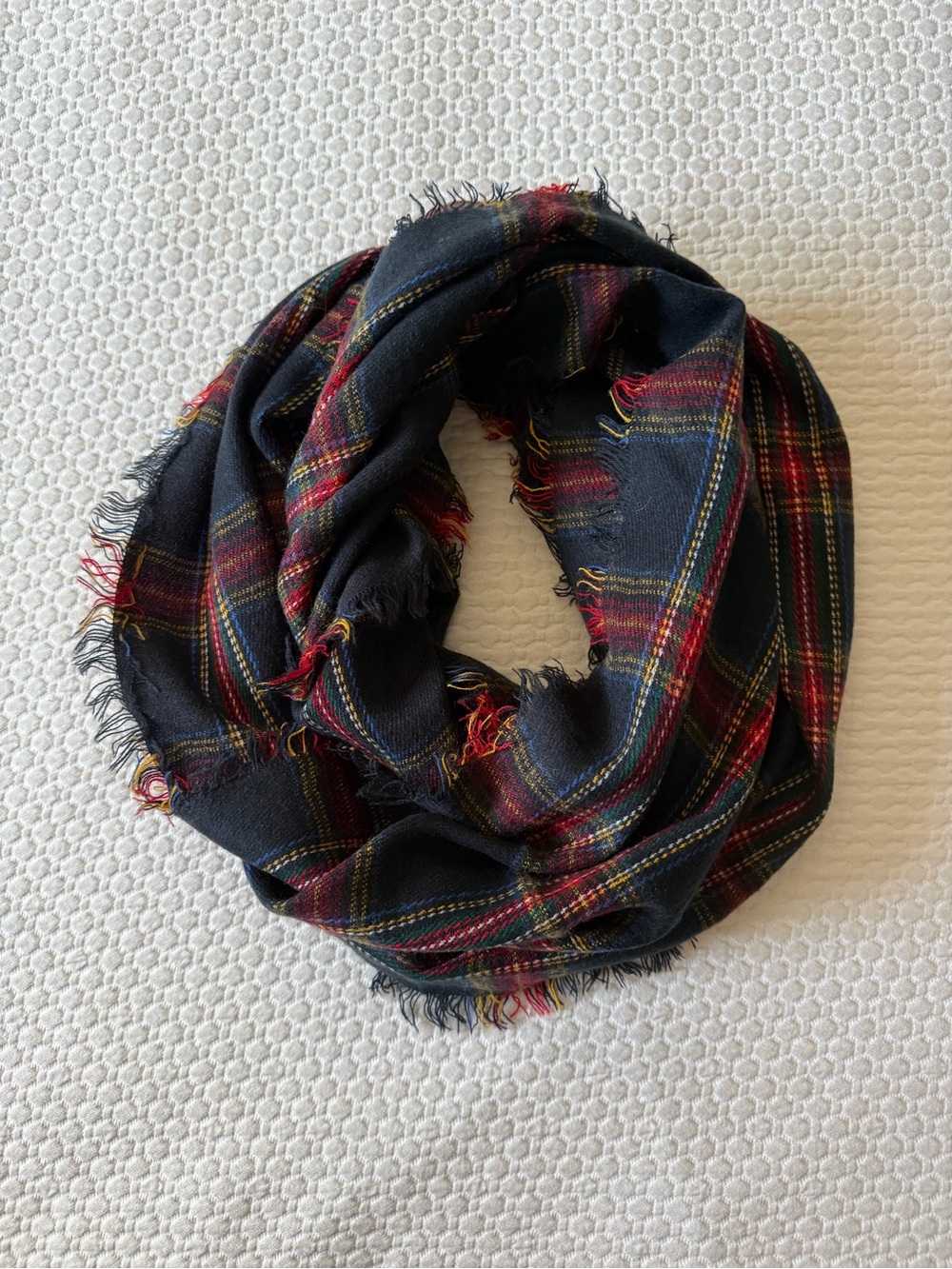 Aldo Navy Plaid Fringed Wrap Scarf with Red and Yellow Accents